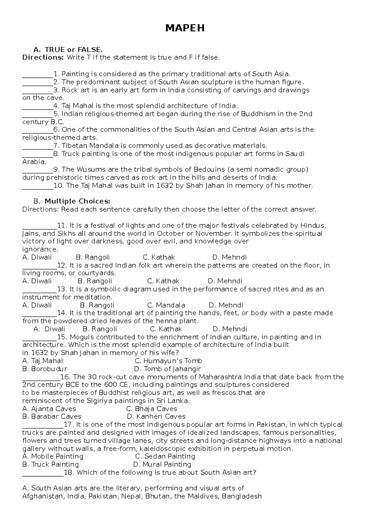 3RD Mapeh QUIZ - MAPEH A. TRUE or FALSE. Directions: Write T if the ...