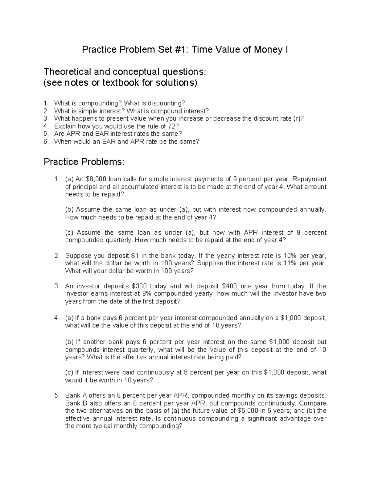 Time value of money I (practice problems) - Practice Problem Set #1 ...