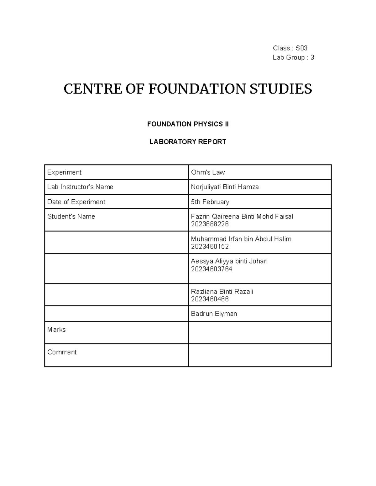 Jotter physics exp1 - ……. - Class : S Lab Group : 3 CENTRE OF ...