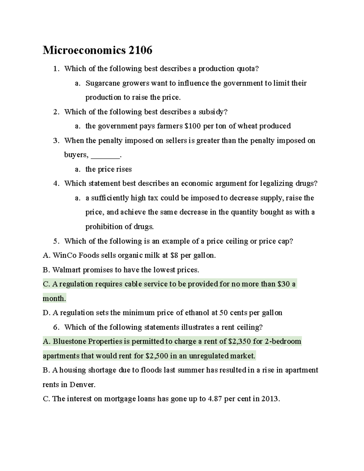 ECON 2106 - Answers And Practice Questions. - Microeconomics 2106 Which ...