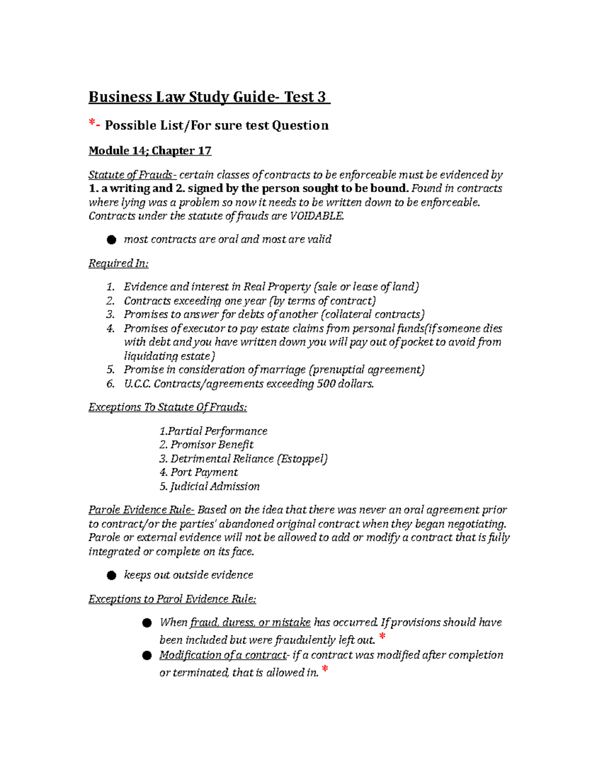 Test 3 Study Guide - Business Law Study Guide- Test 3 *- Possible List ...