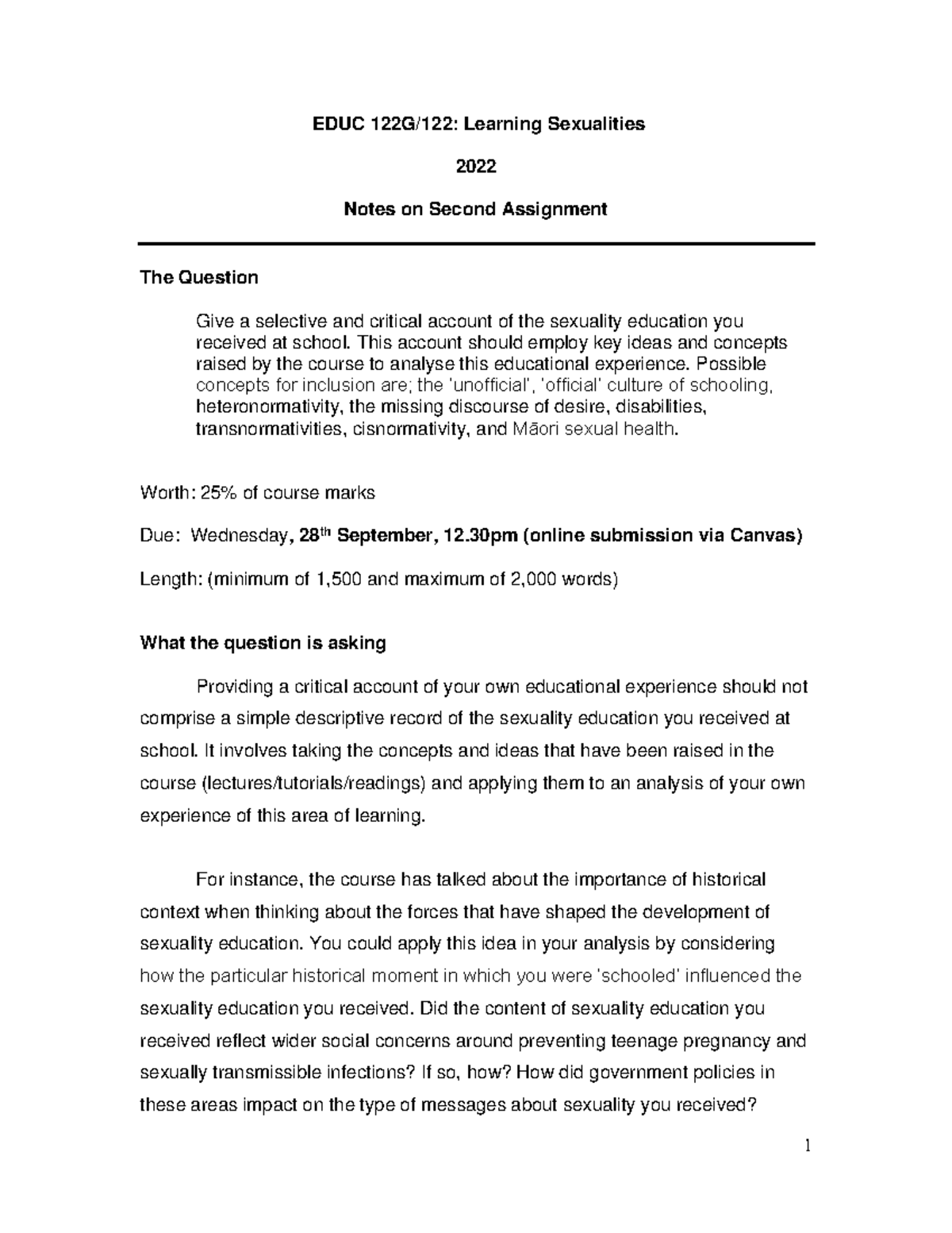 Assignment 2 Essay Notes 2022 - EDUC 122G/122: Learning Sexualities ...