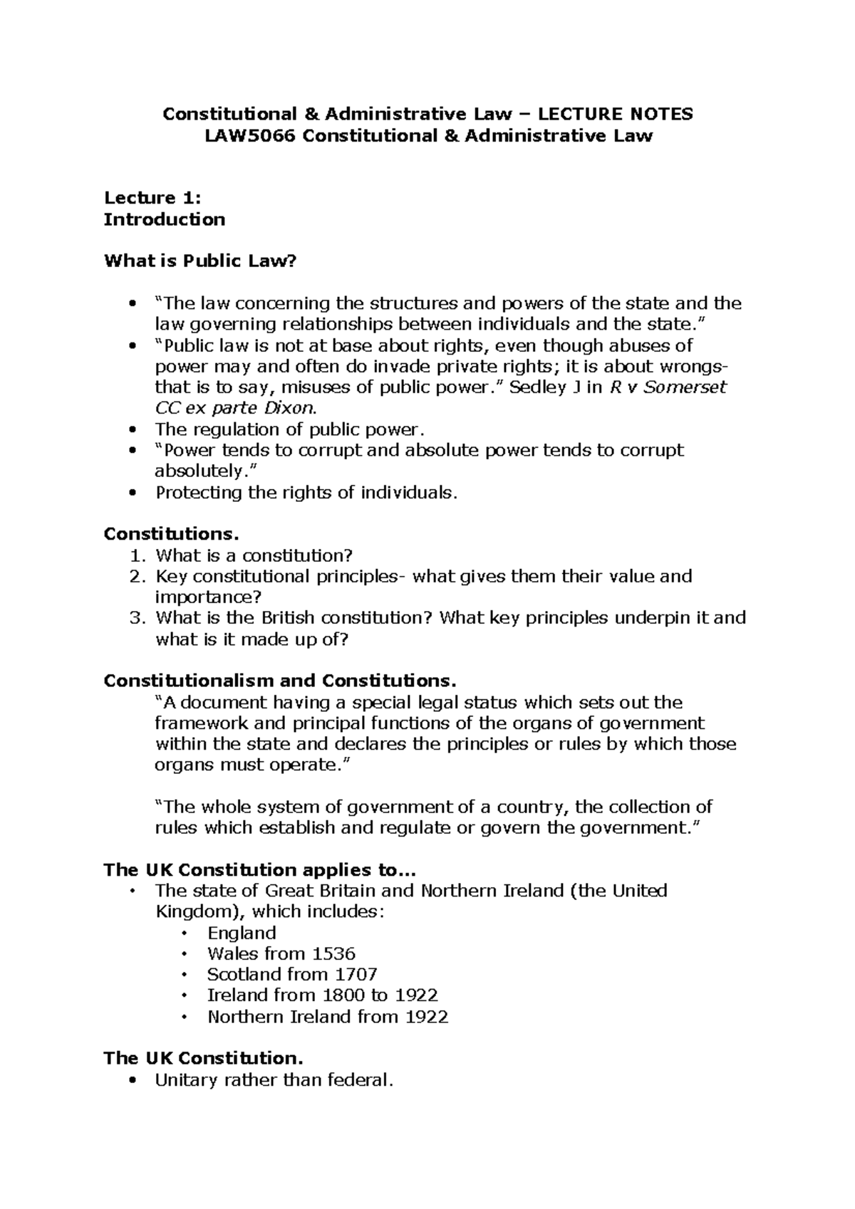 Lecture 1-5 - Constitutional & Administrative Law – LECTURE NOTES ...