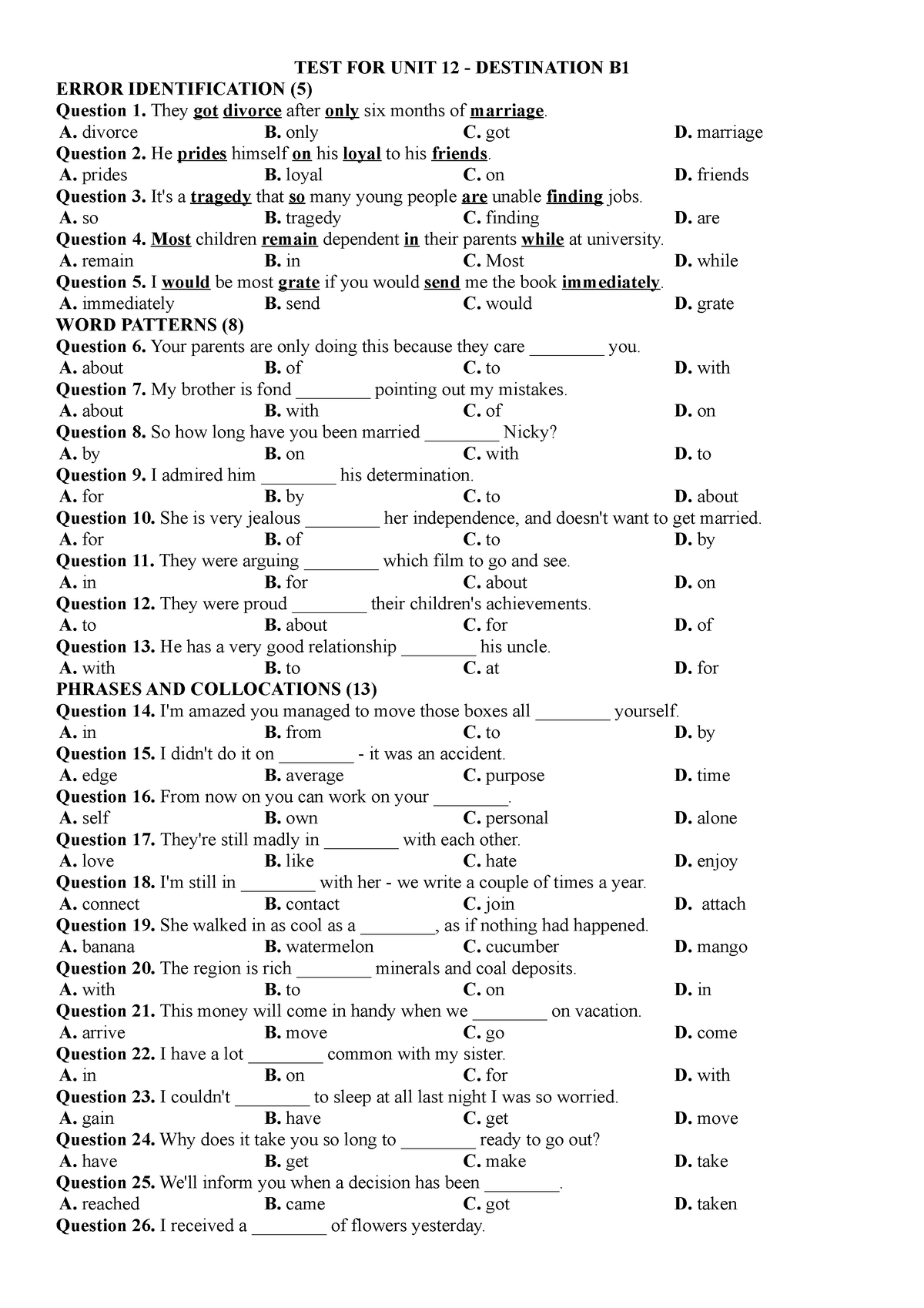 TEST FOR UNIT 12-B1 - Bài Tập Bổ Trợ Sách Destination B1 - TEST FOR ...