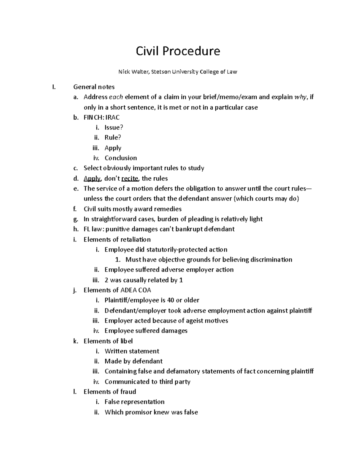 Rough Outline-Civ Pro - Summary Civil Procedure - Civil Procedure Nick ...