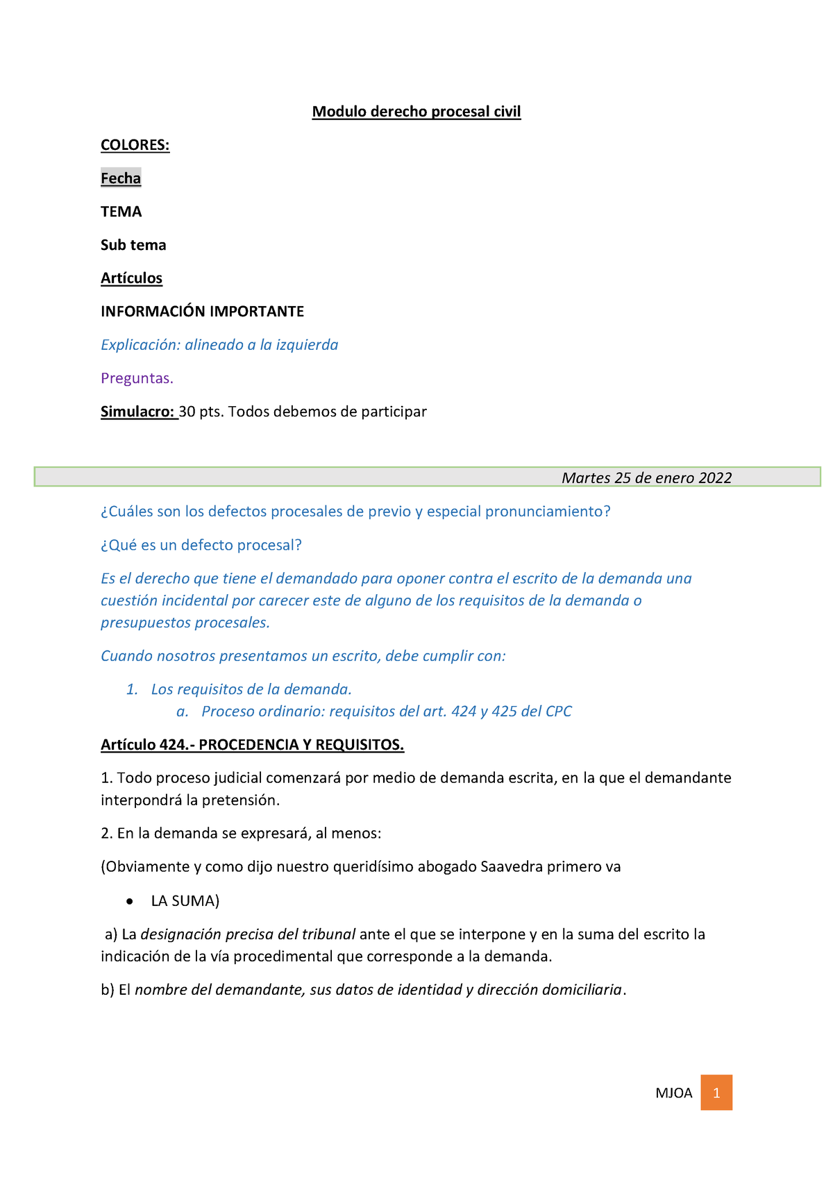 Resumen De Incidentes Modulo Derecho Procesal Civil Colores Fecha Tema Sub Tema Artículos 2252