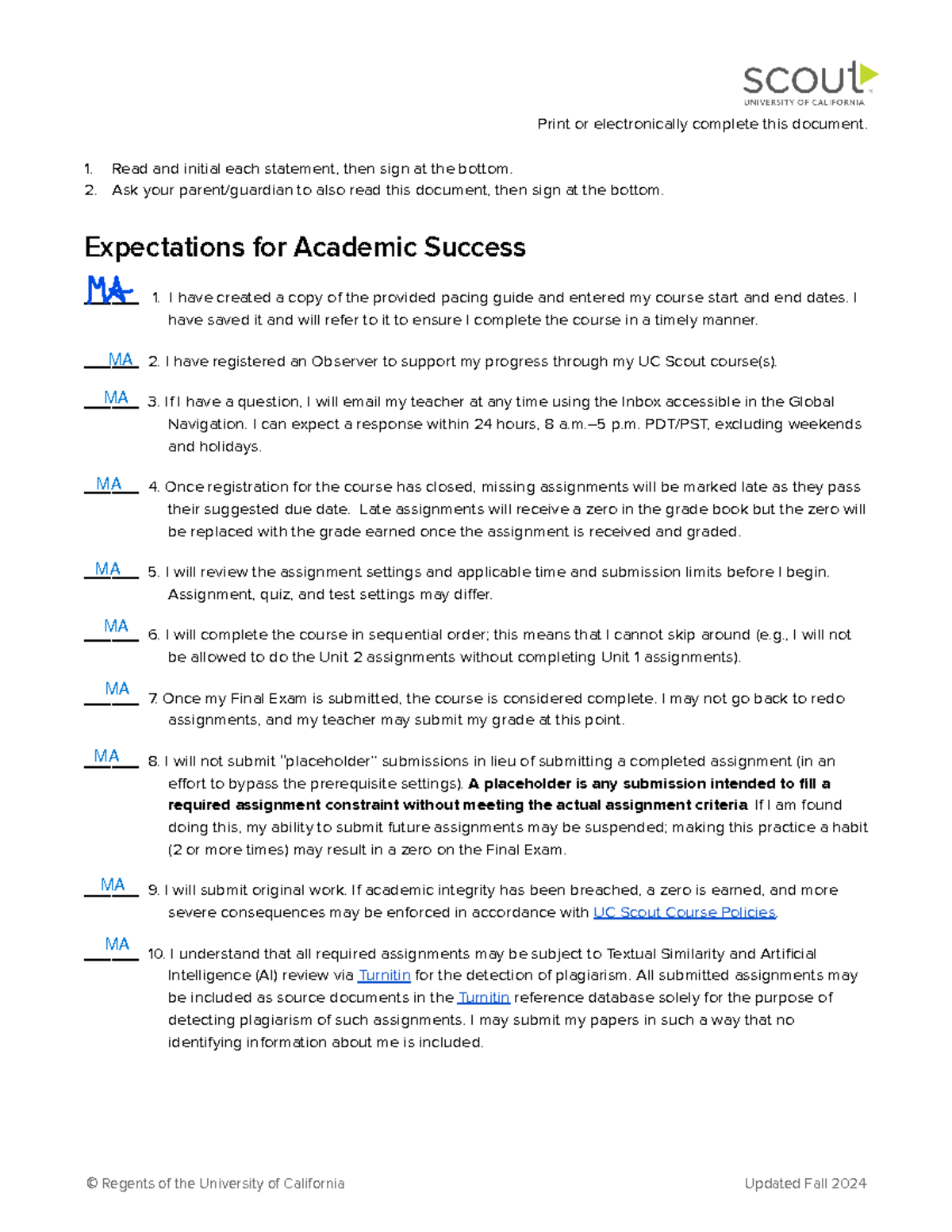 Course Expectations 2024 NEW - Print or electronically complete this ...