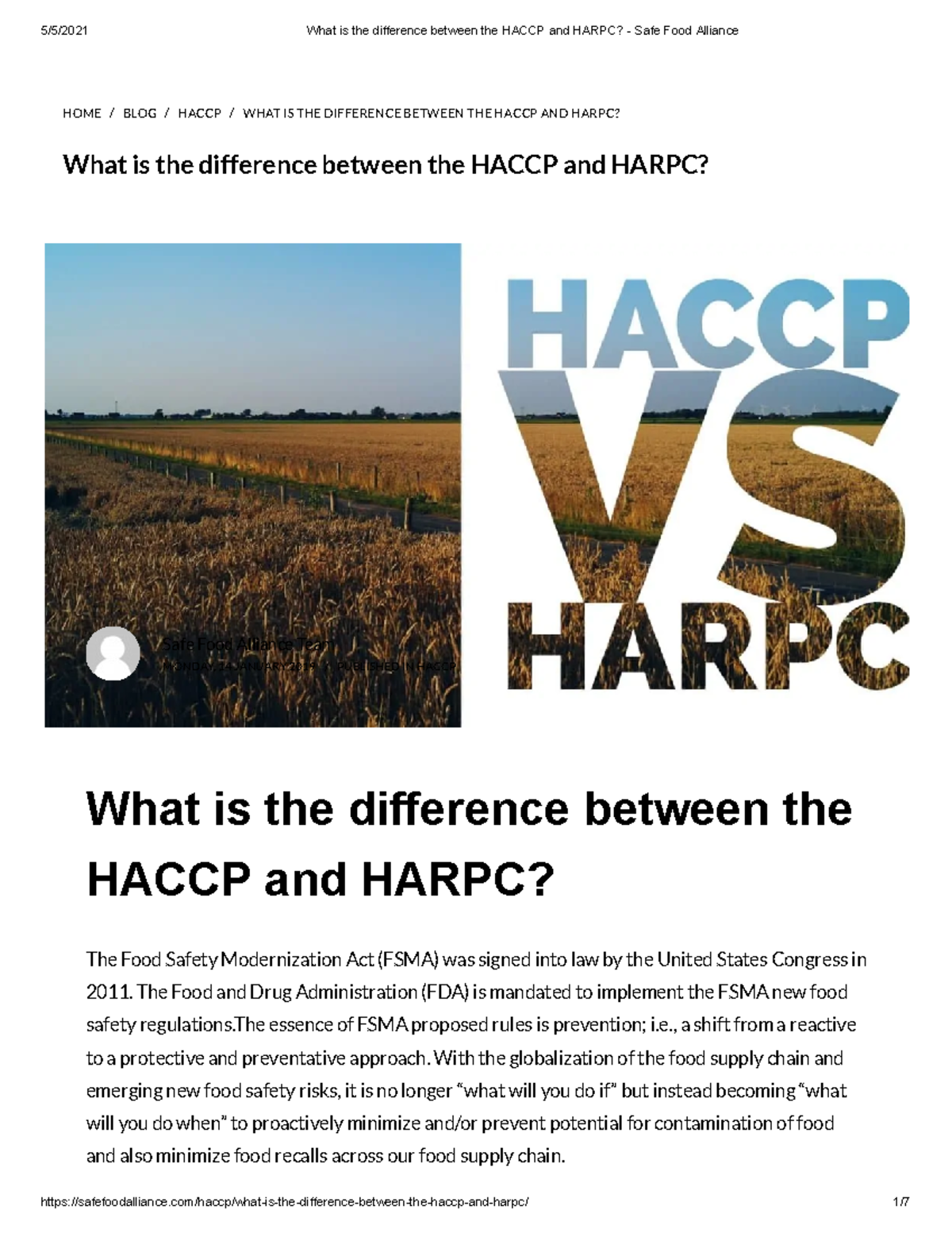 What is the difference between the Haccp and Harpc Safe Food Alliance