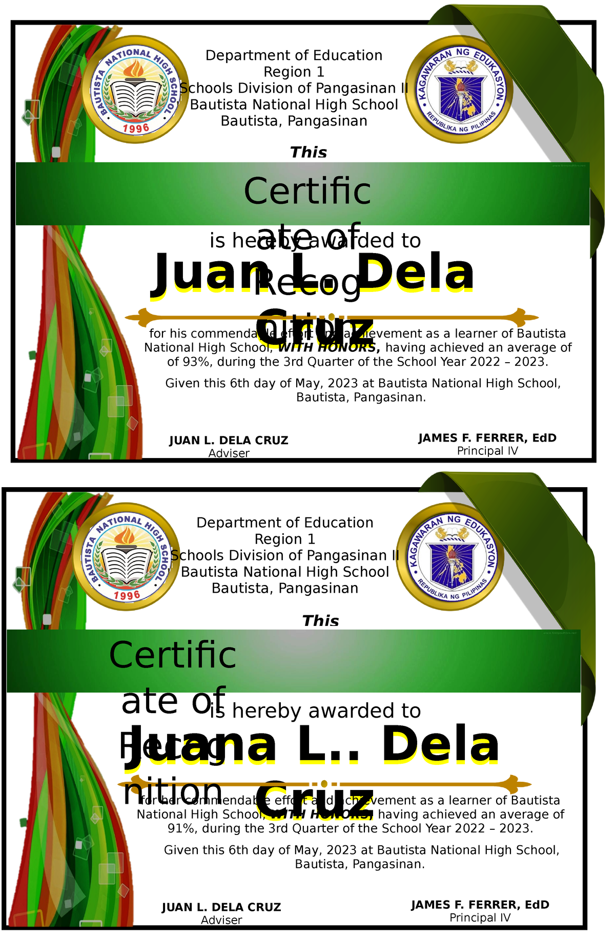 With Honors Template - Very nice - is hereby awarded to Juan L. Dela ...