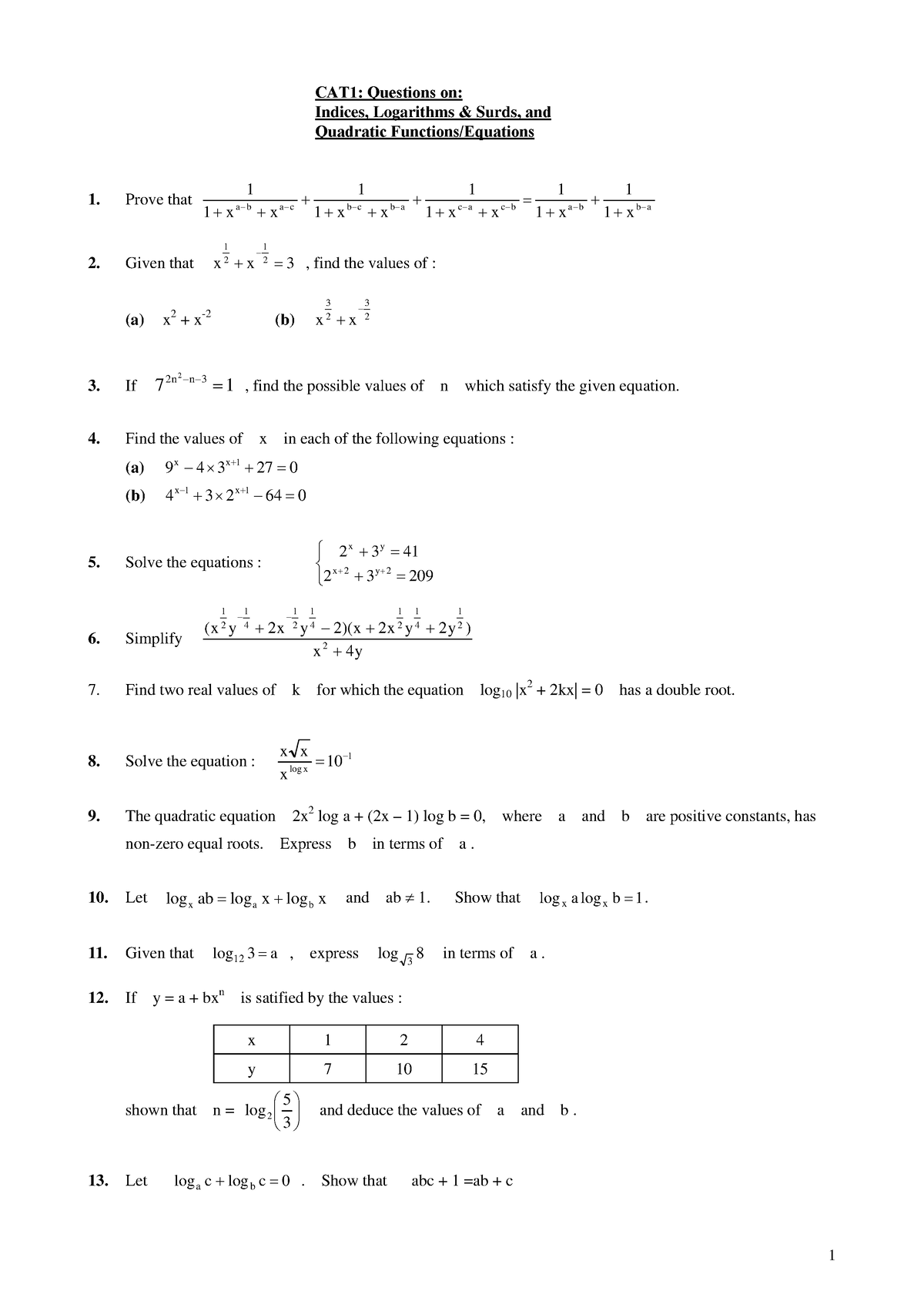 CAT1 EXAM - Solve all questions - CAT1: Questions on: Indices ...