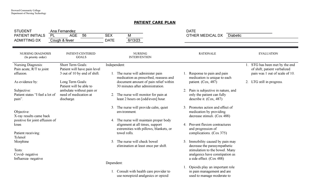 CARE PLAN Form Legal 8 30 01 Copy Broward Community College