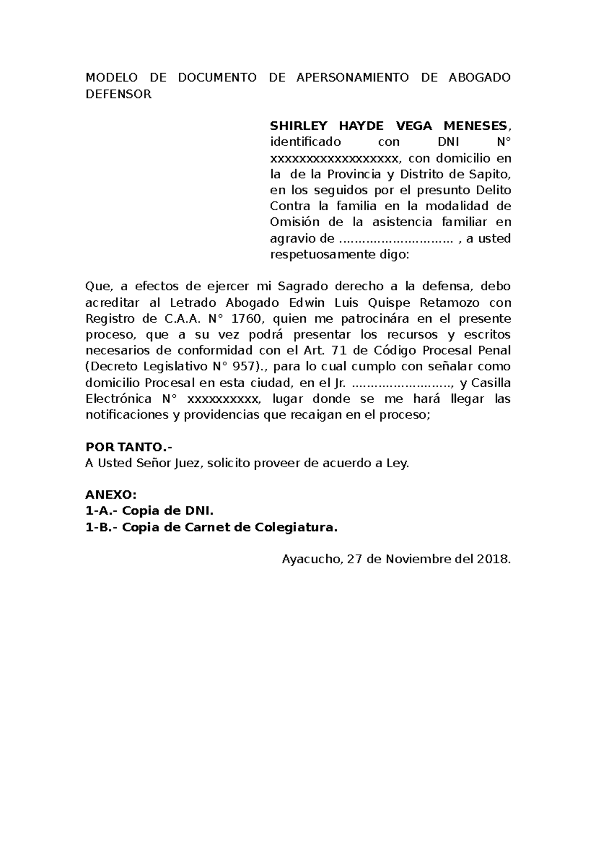 Apersonamiento 1 Modelo De Documento De Apersonamiento De Abogado Defensor Shirley Hayde Vega