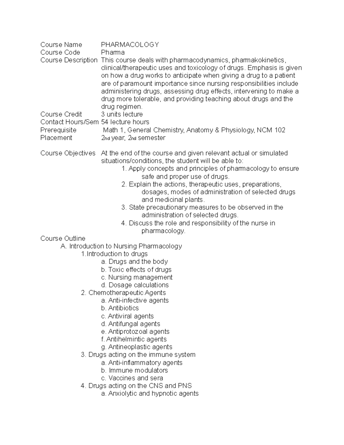 CMO 14 - Pharma CO - Course Name PHARMACOLOGY Course Code Pharma Course ...