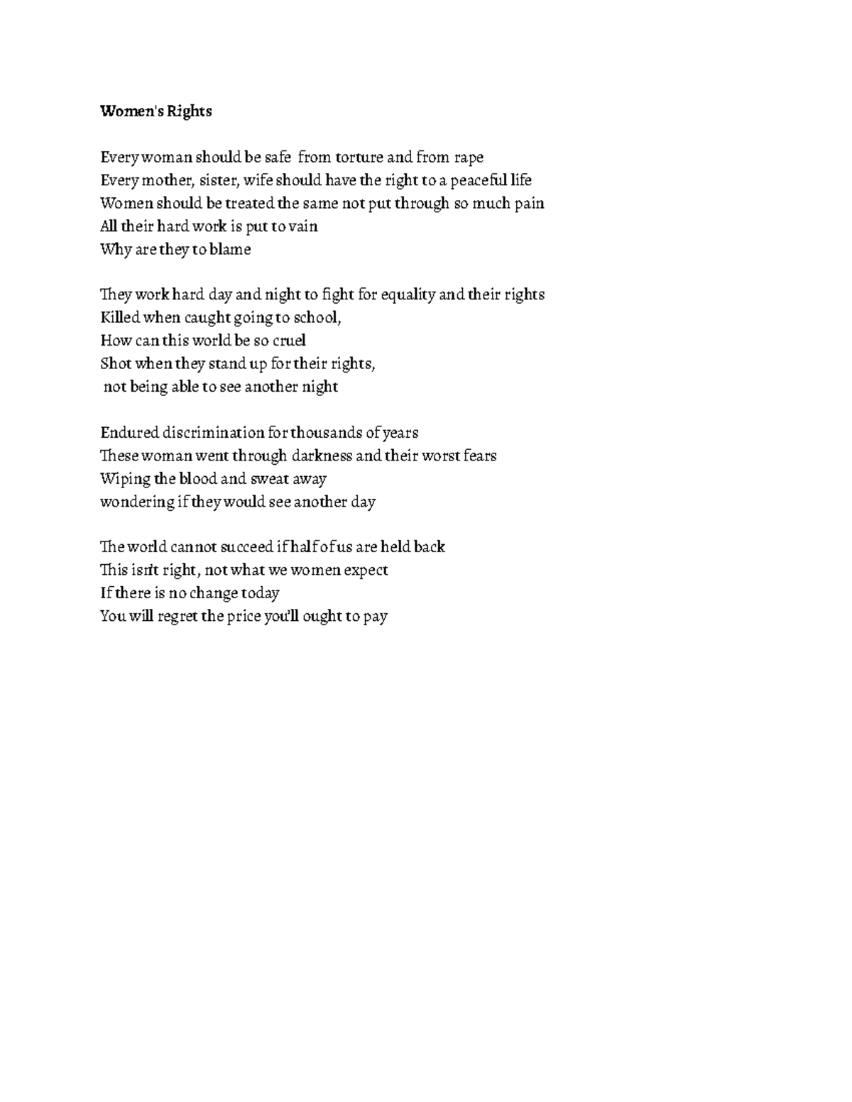 Civics poem - poem - Women's Rights Every woman should be safe from ...