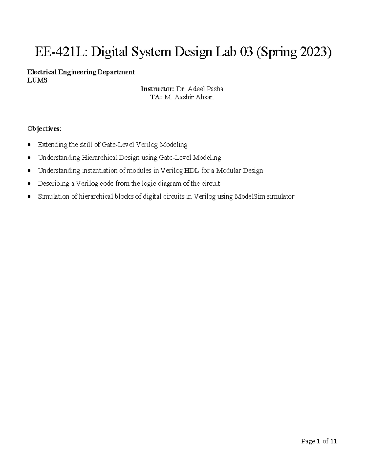 EE421L DSD Spring 2023 Lab03 Manual 1 - EE-421L: Digital System Design ...