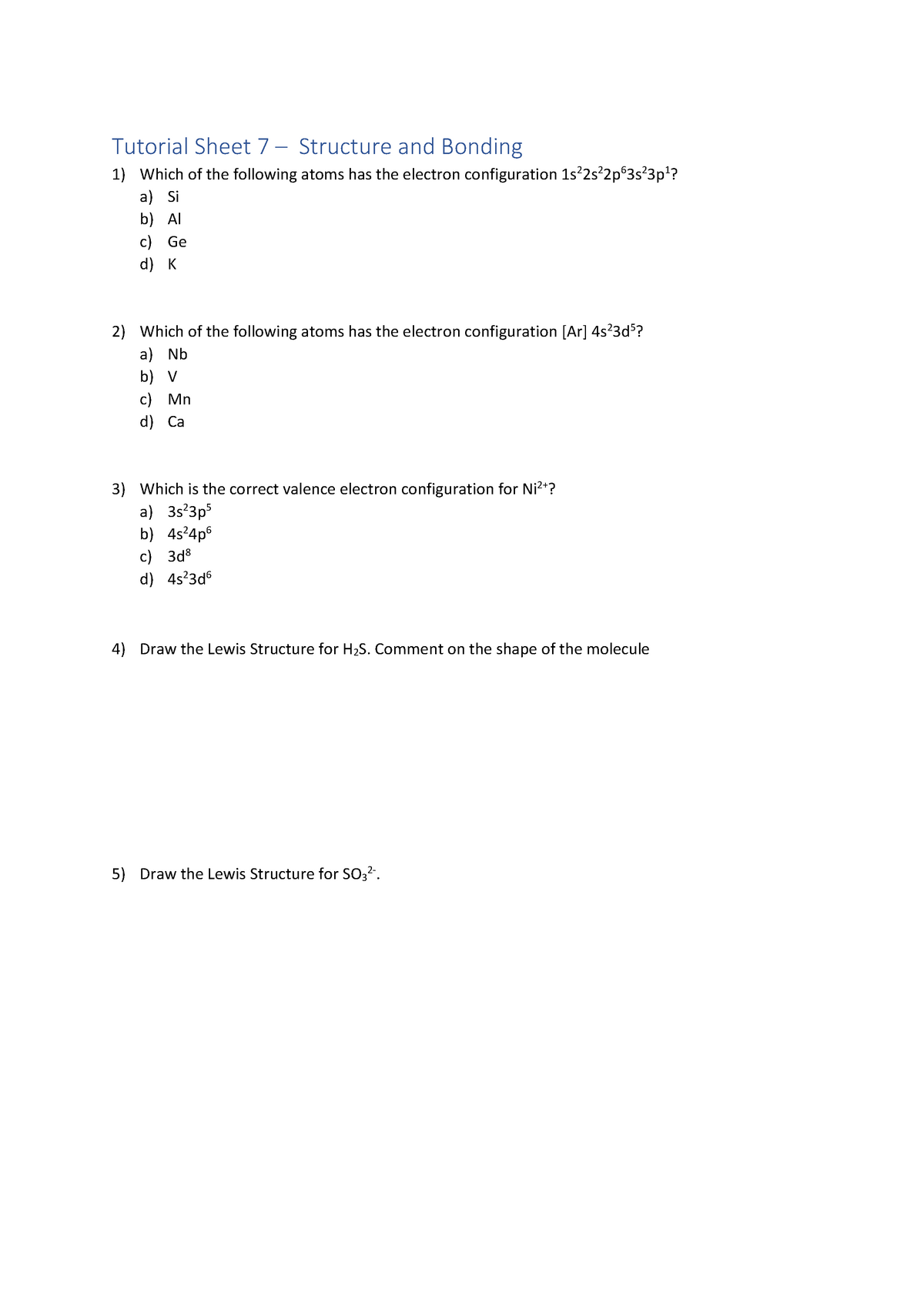 2020 Tutorial Sheet 7 - Structure & Bonding - Tutorial Sheet 7 ...