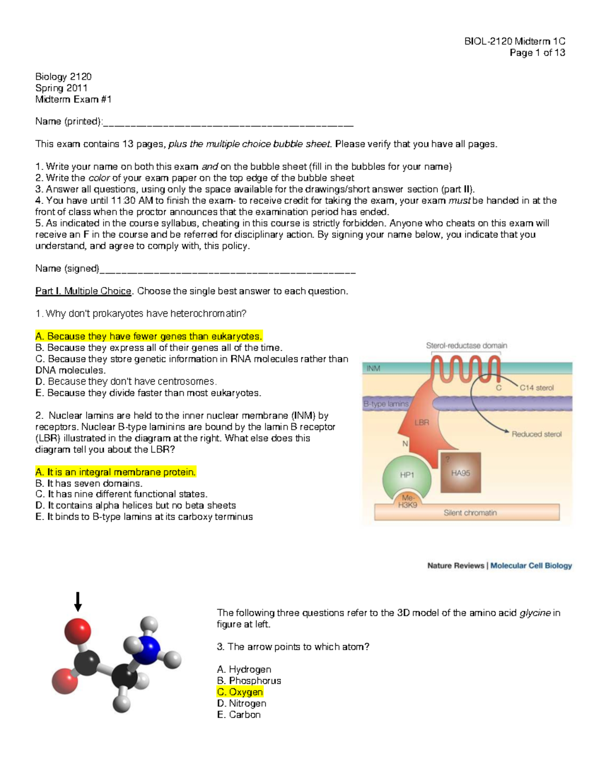 BIOL2120Spring 2014 EXAM1 - Page 1 Of 13 Biology 2120 Spring 2011 ...