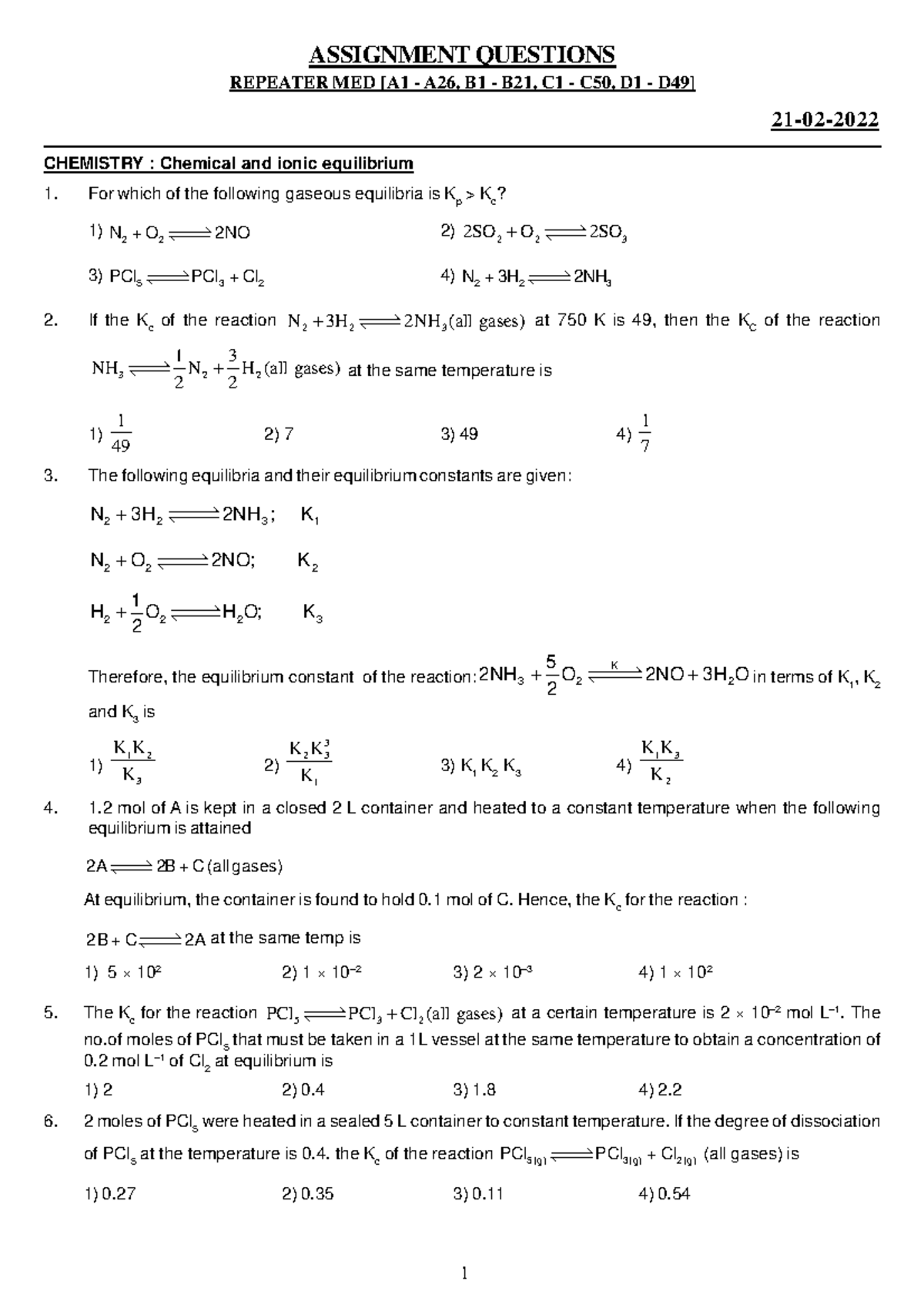 Chemical and ionic equilibrium NEET Model - CHEMISTRY : Chemical and ...