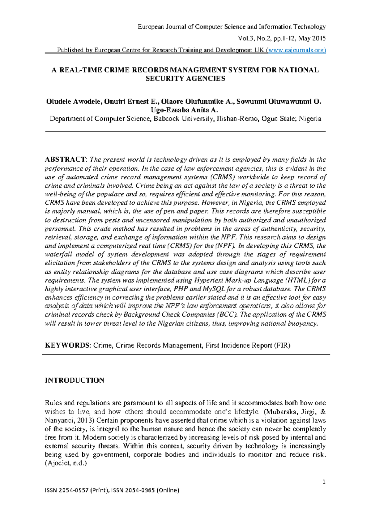 A Real Time Crime Records Management System for National Security