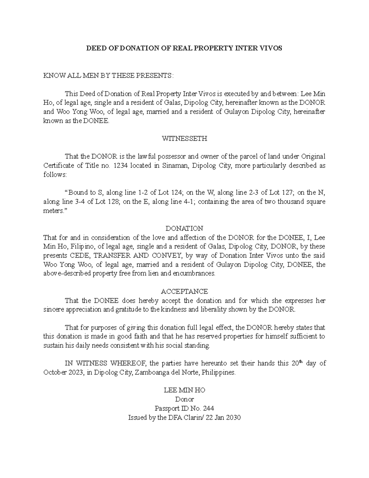 Sample DEED OF Donation DEED OF DONATION OF REAL PROPERTY INTER VIVOS