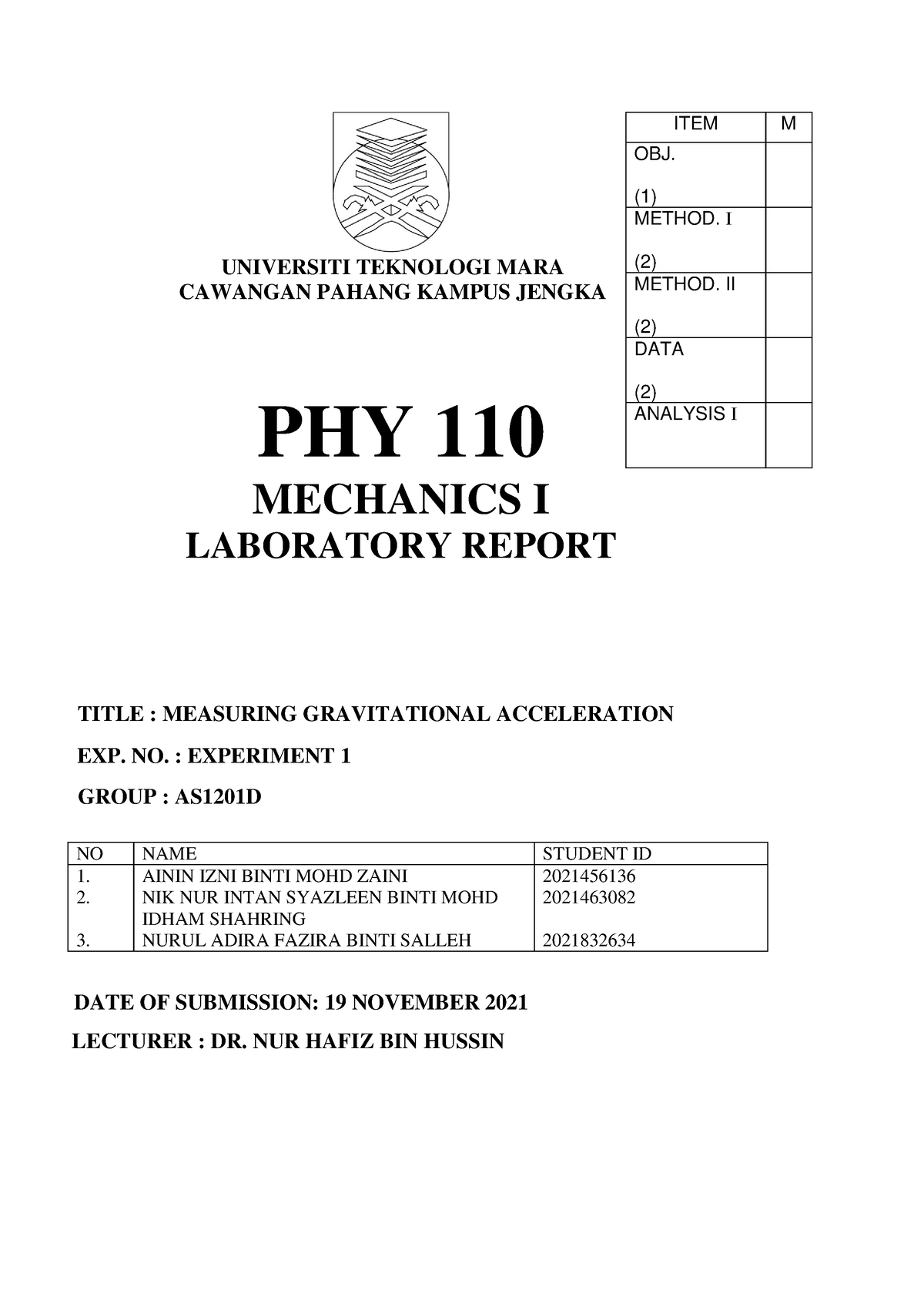 LAB Report PHY 110 Experiment 1 Pdf - ITEM M OBJ. (1) METHOD. I (2 ...