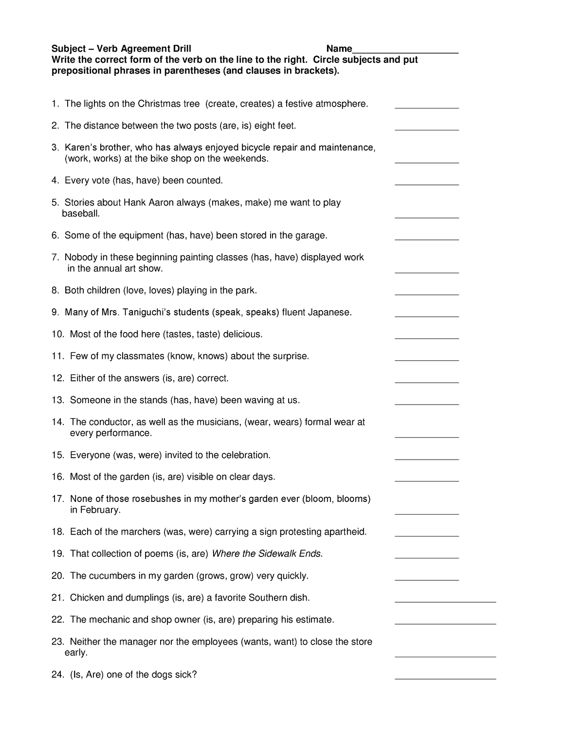 Subject-Verb Agreement Drill - Subject – Verb Agreement Drill Name ...