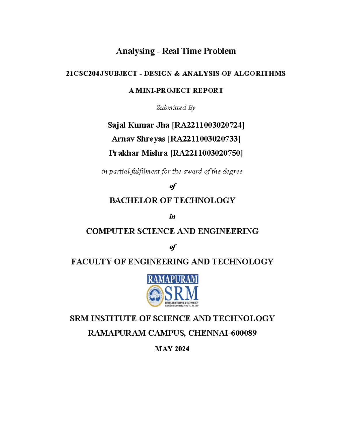 Daa final report - Analysing - Real Time Problem 21CSC204J SUBJECT ...