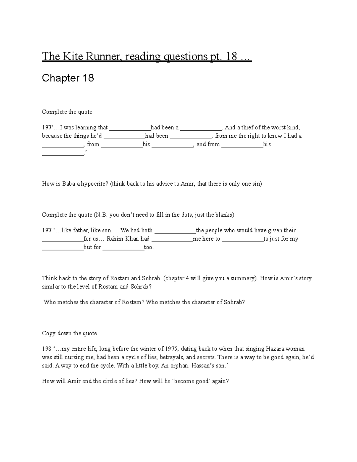 The Kite Runner, reading questions… (17) The Kite Runner, reading