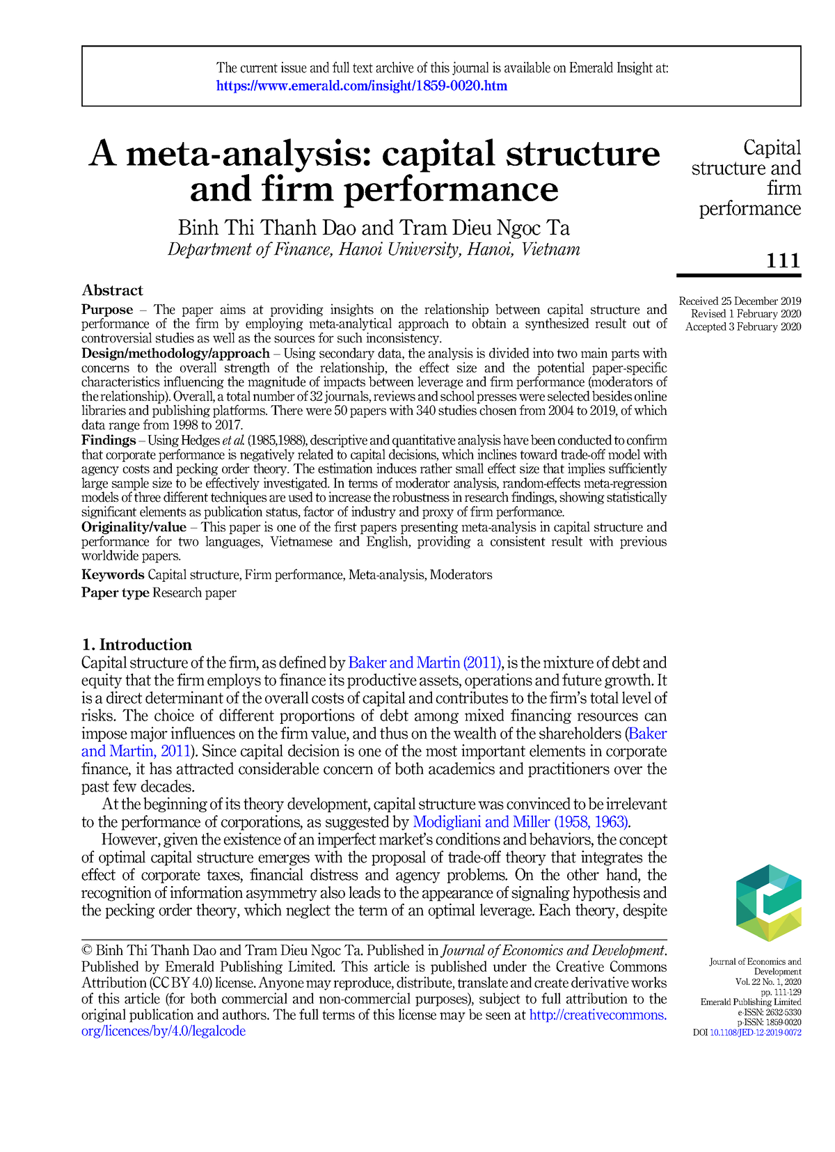 capital structure and firm performance thesis