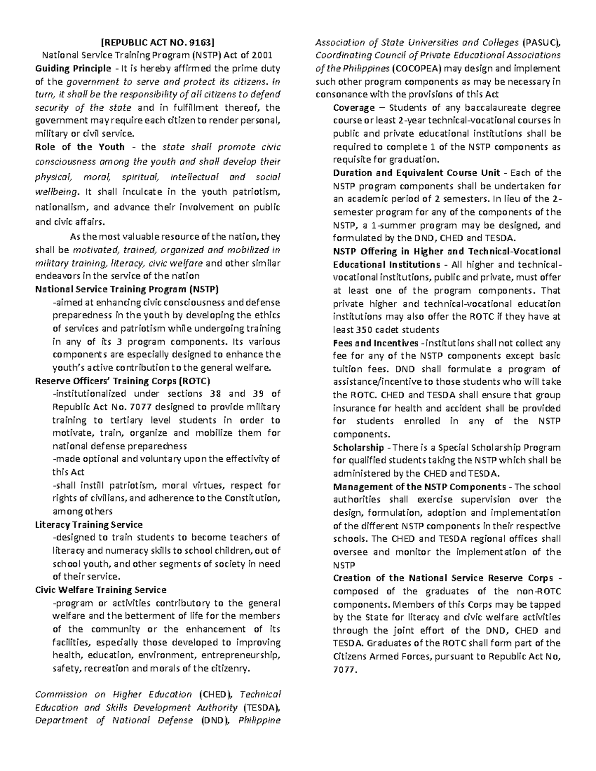 Nstp Reviewer Republic Act No 9163 National Service Training Nstp Reviewer Republic Act No 9163 National Service Training