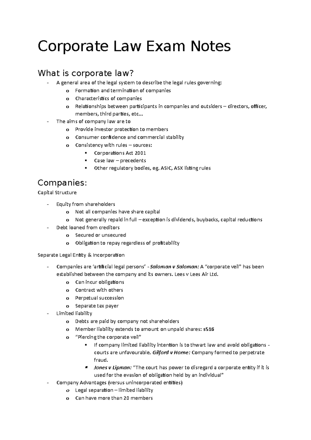 Corporate Law Exam Notes - .. The aims of company law are to o Provide ...