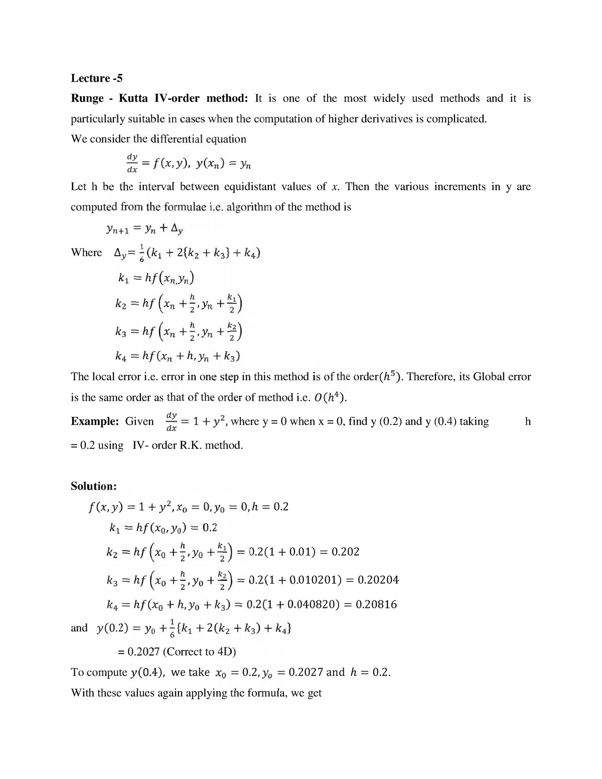 Lecture 5 - Lecture - 5 Runge - Kutta IV-order method: It is one of the ...