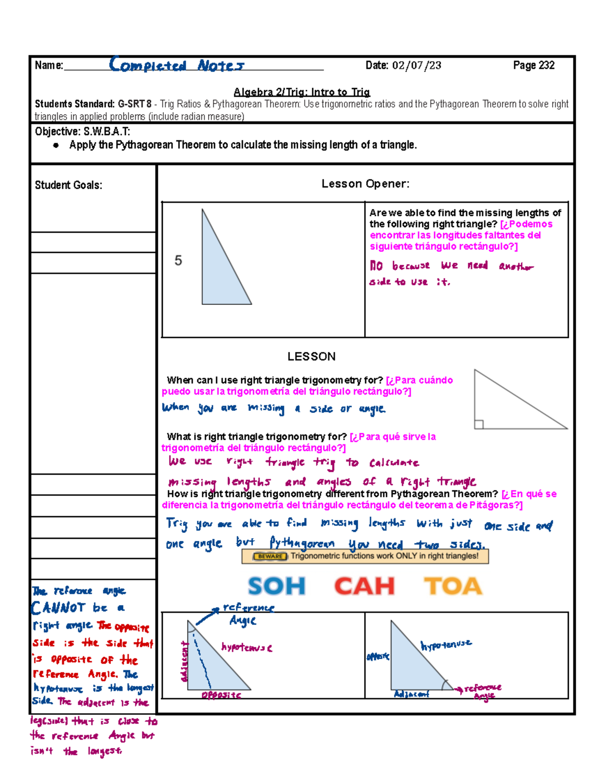 Completed Notes Algebra 2 Trig Intro to Trig 02 07 2023 - - Studocu