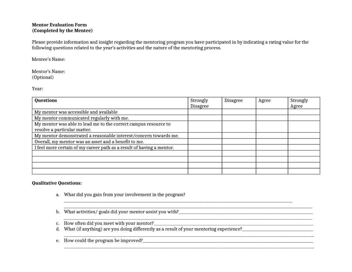 Form Sample Program Evaluation - Mentor Evaluation Form (Completed by ...