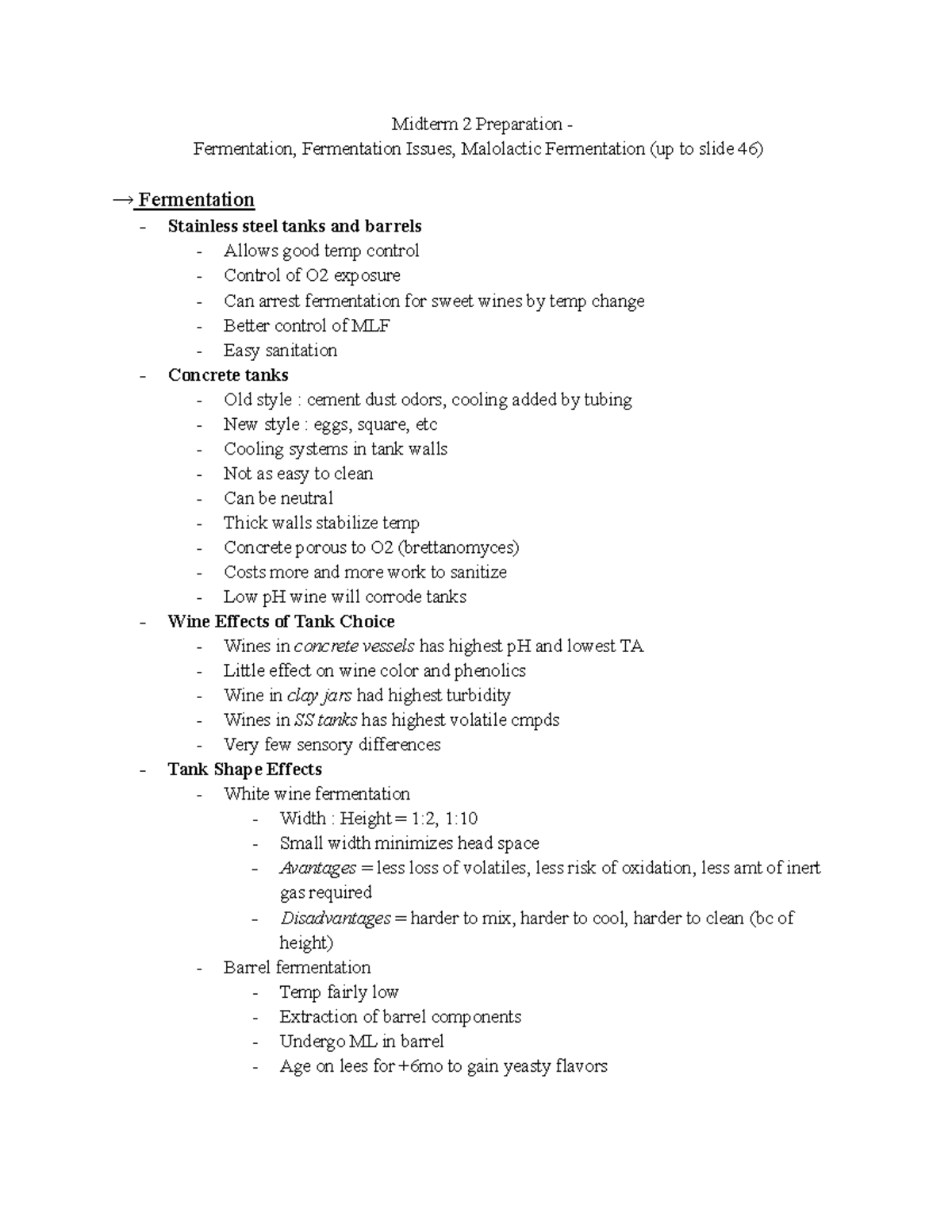 VEN 124 Midterm 2 Prep - Midterm 2 Preparation - Fermentation ...