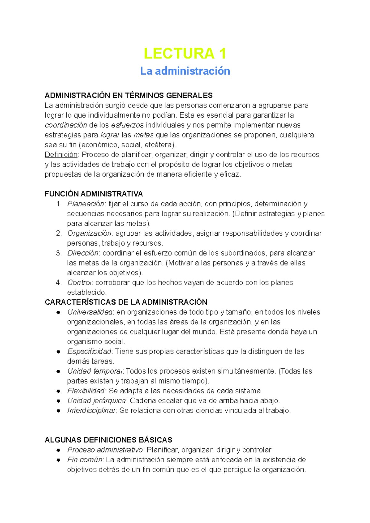 Resumen Modulo 1 Admin - LECTURA 1 La Administración ADMINISTRACIÓN EN ...