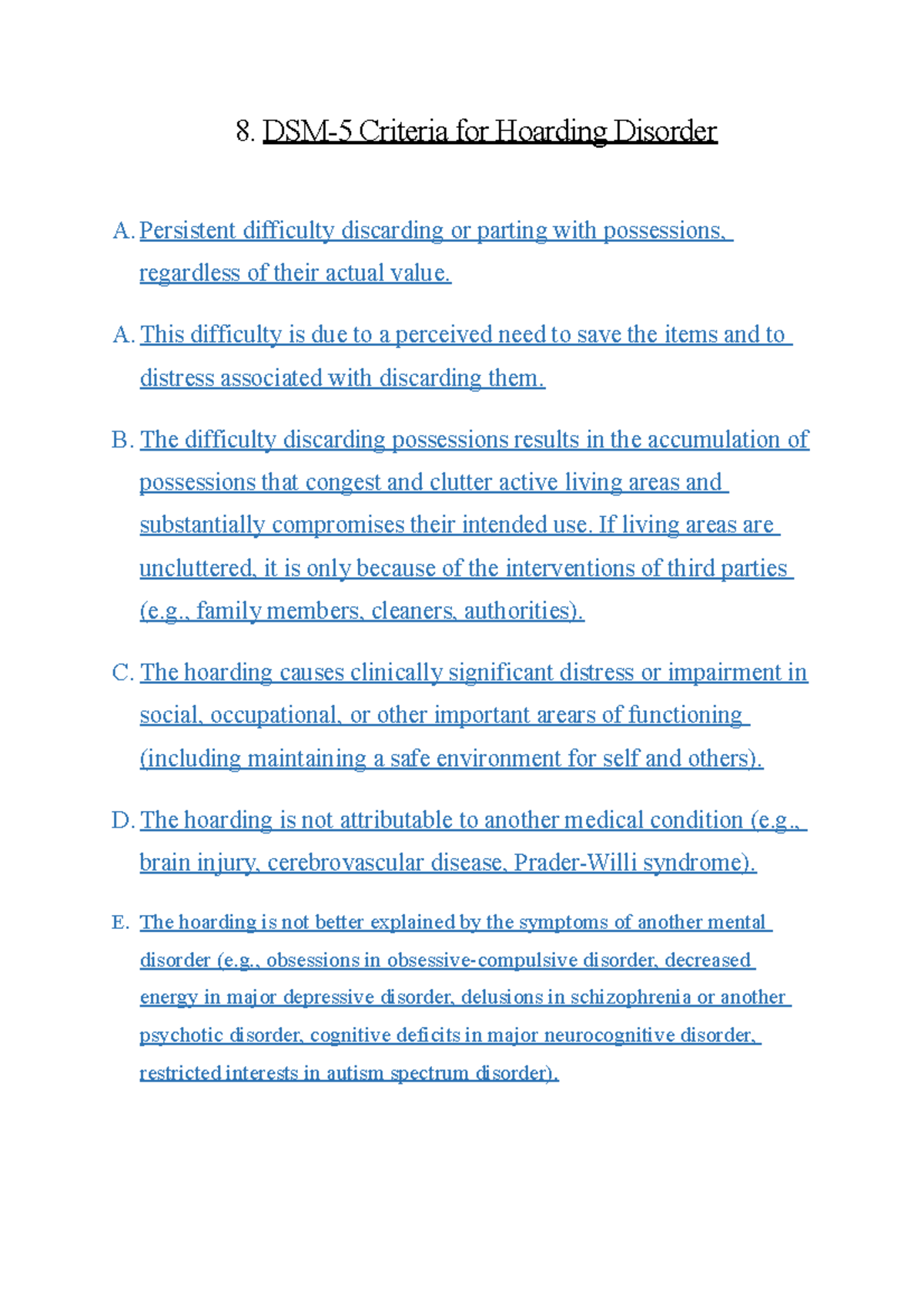 Chapter 5 DSM5 Criteria for Hoarding Disorder 8. DSM5 Criteria