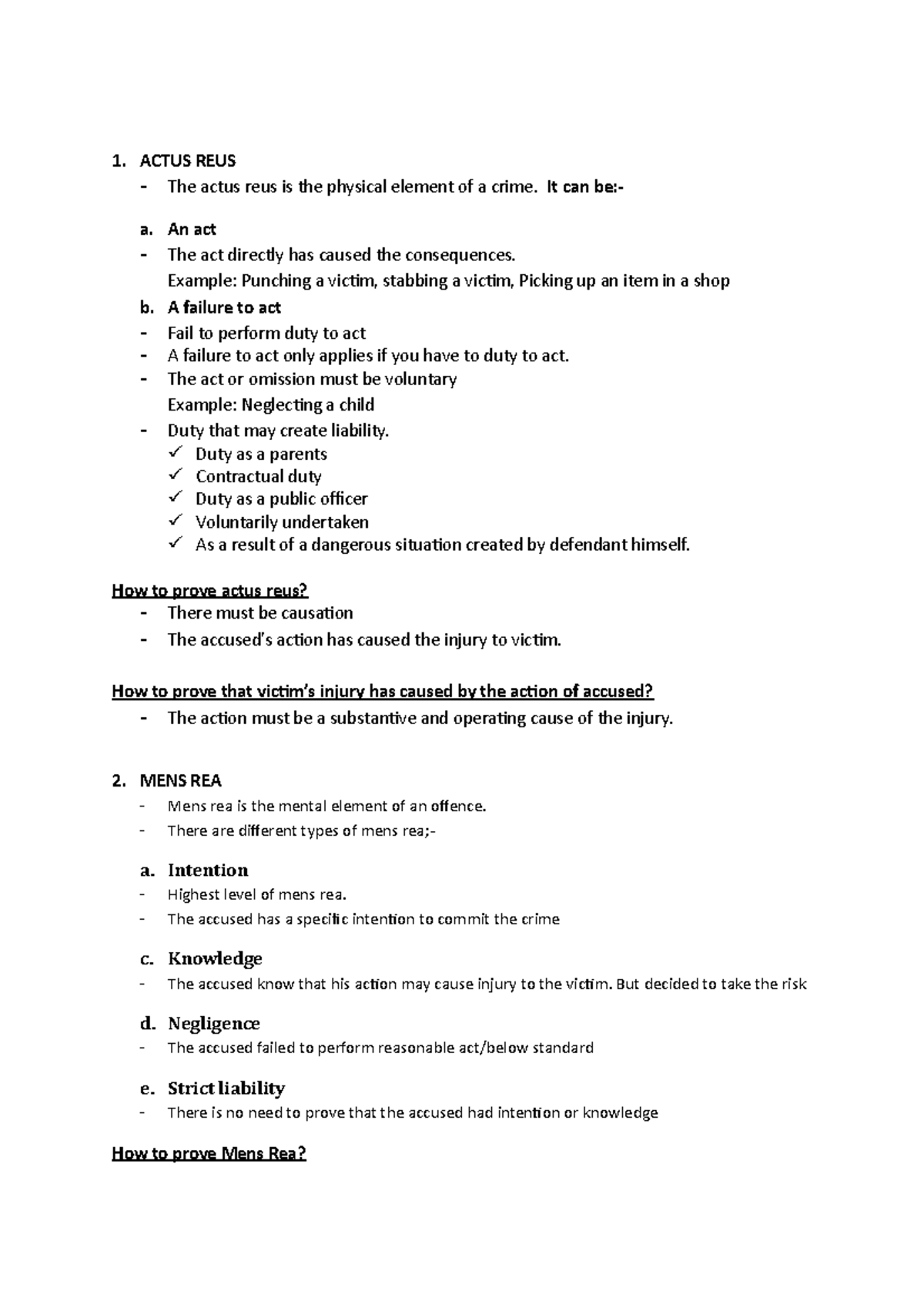 Criminal Law Chapter 1 Notes - 1. ACTUS REUS The actus reus is the ...