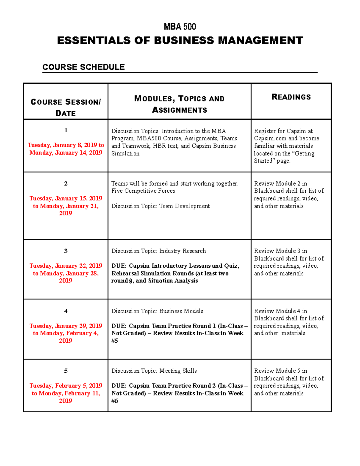 MBA 500.Winter Quarter Schedule - MBA 500 ESSENTIALS OF BUSINESS ...