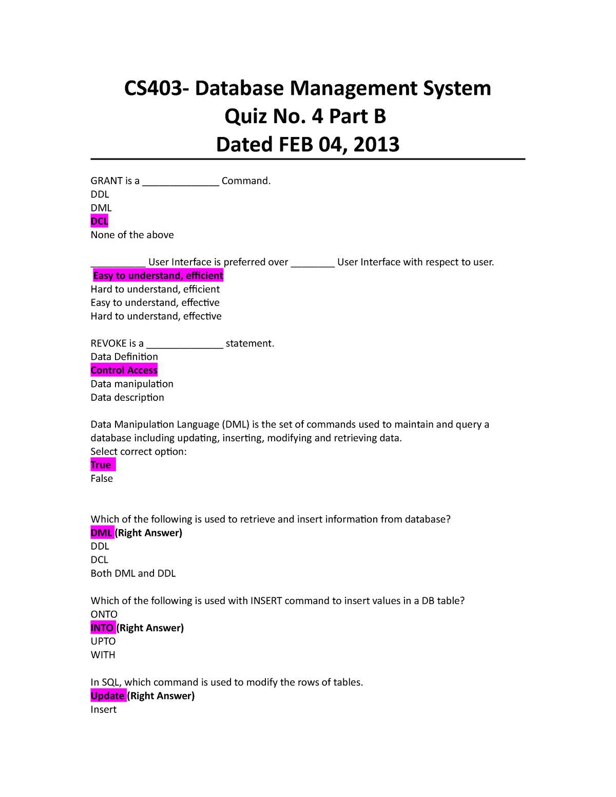 CS403 QUIZ NO.4 PART B FEB 04, 2013 - CS403- Database Management System ...