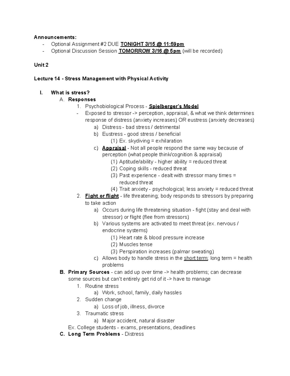 Kines 100 Lecture 14 Notes 3 15 - Announcements: - Optional Assignment ...