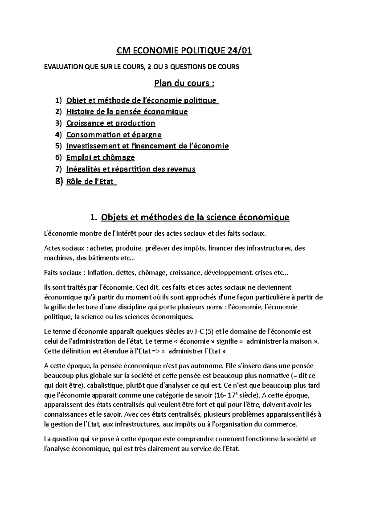 CM EP 1 CM Economie Politique séance 1 CM ECONOMIE POLITIQUE 24 01