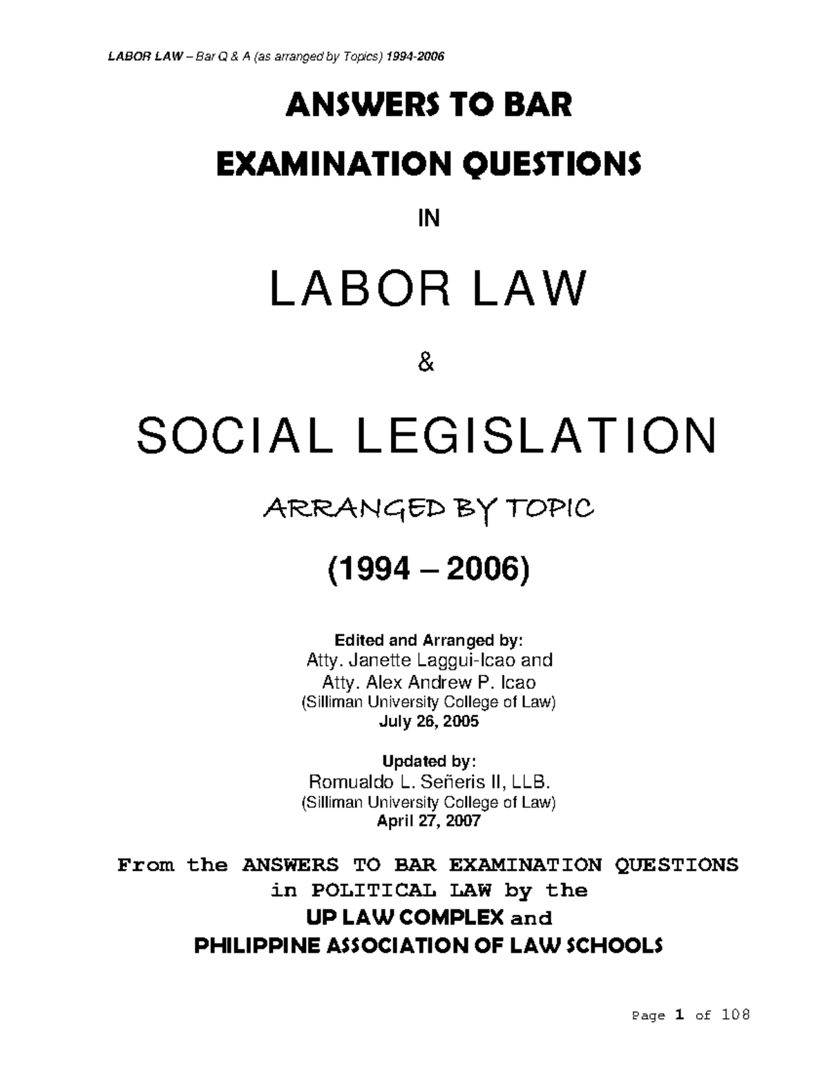 Bar Questions And Answers Labor Law 1994 - ANSWERS TO BAR EXAMINATION ...