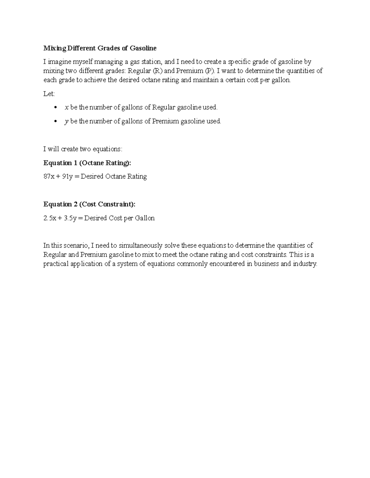 Week 5 Discussion Board Algebra Mixing Different Grades of Gasoline I