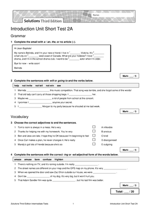 Sol3e Int U0 Short Test 1a - Solutions Third Edition Intermediate Tests ...