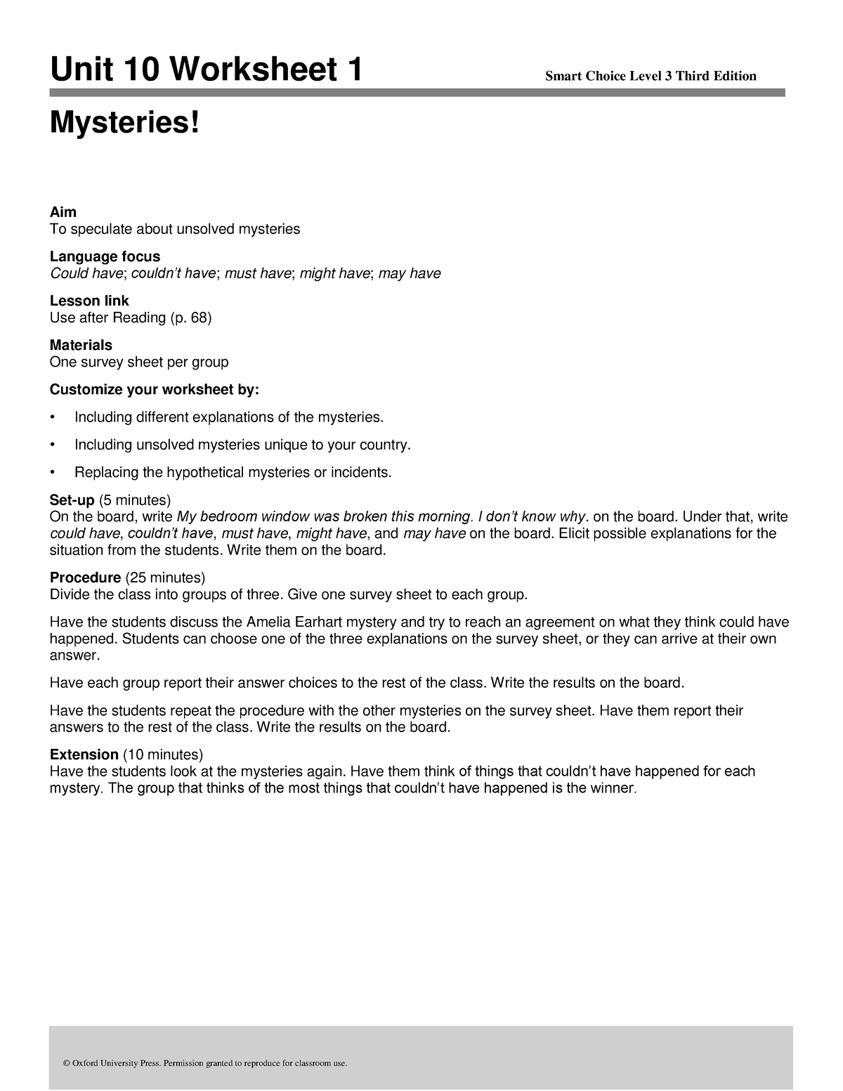 SC3e Level 3 Unit 10 Worksheet 1 - © Oxford University Press. Permission  granted to reproduce for - Studocu