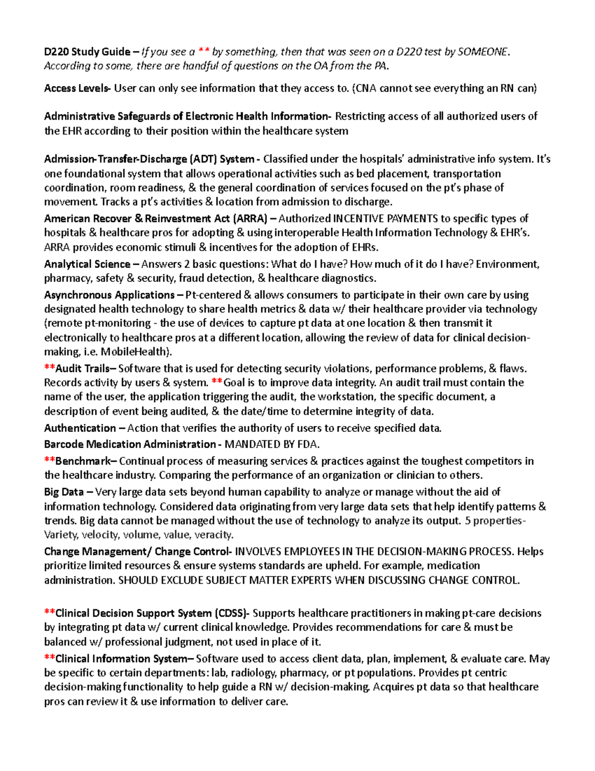 D220 BIG Daddy.docx · version 1 - D220 Study Guide – If you see a ** by ...