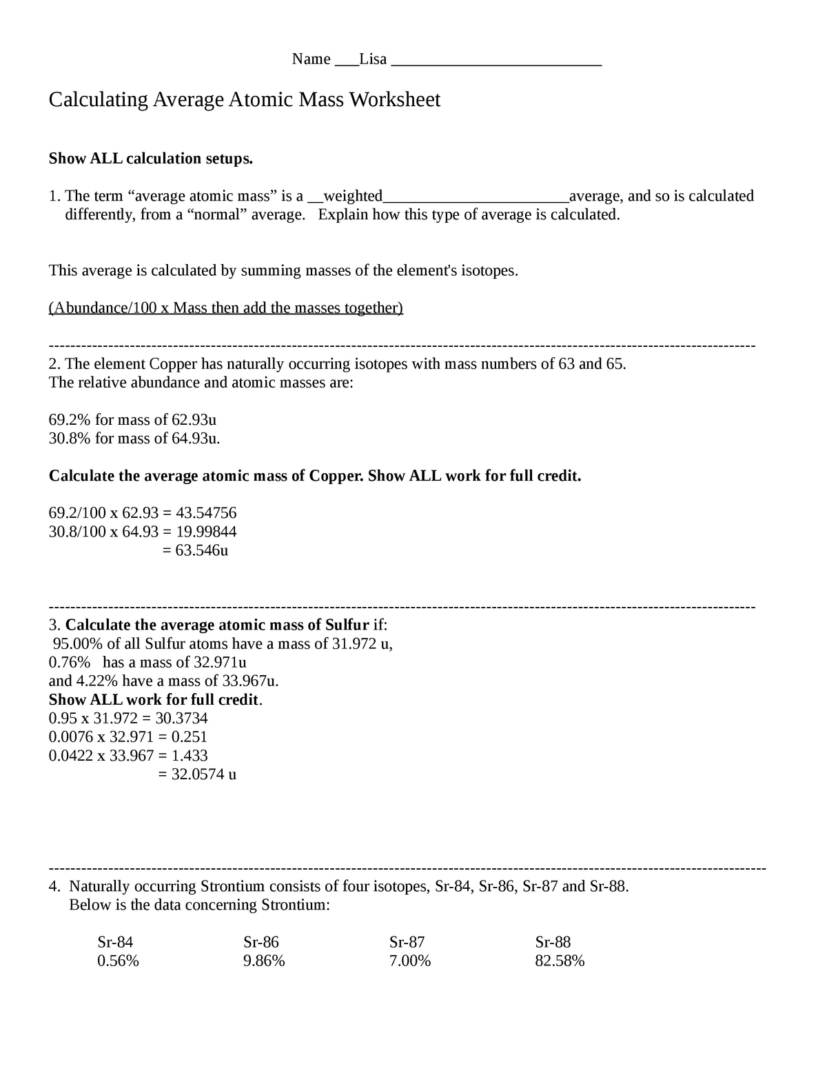 Calculating Average Atomic Mass Worksheet - Name ___Lisa Intended For Average Atomic Mass Worksheet