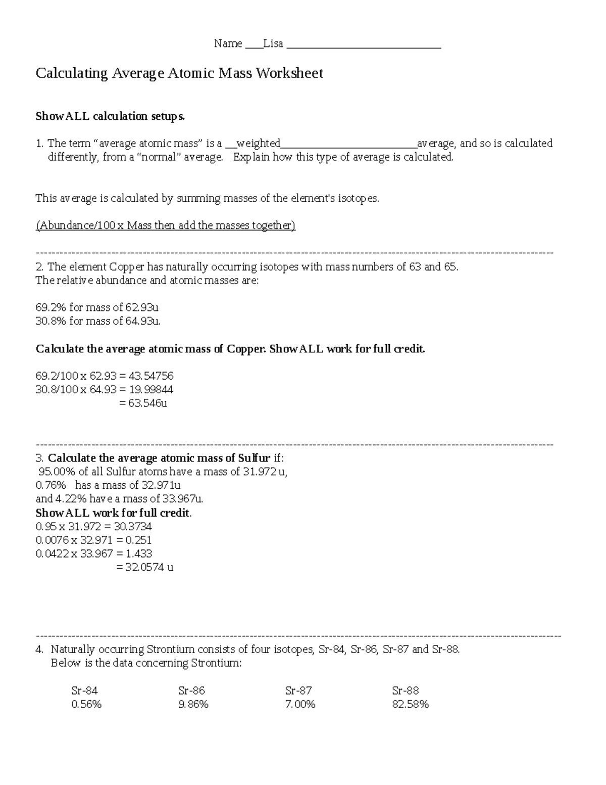 Calculating Average Atomic Mass Worksheet Chem 33000 Physical Studocu