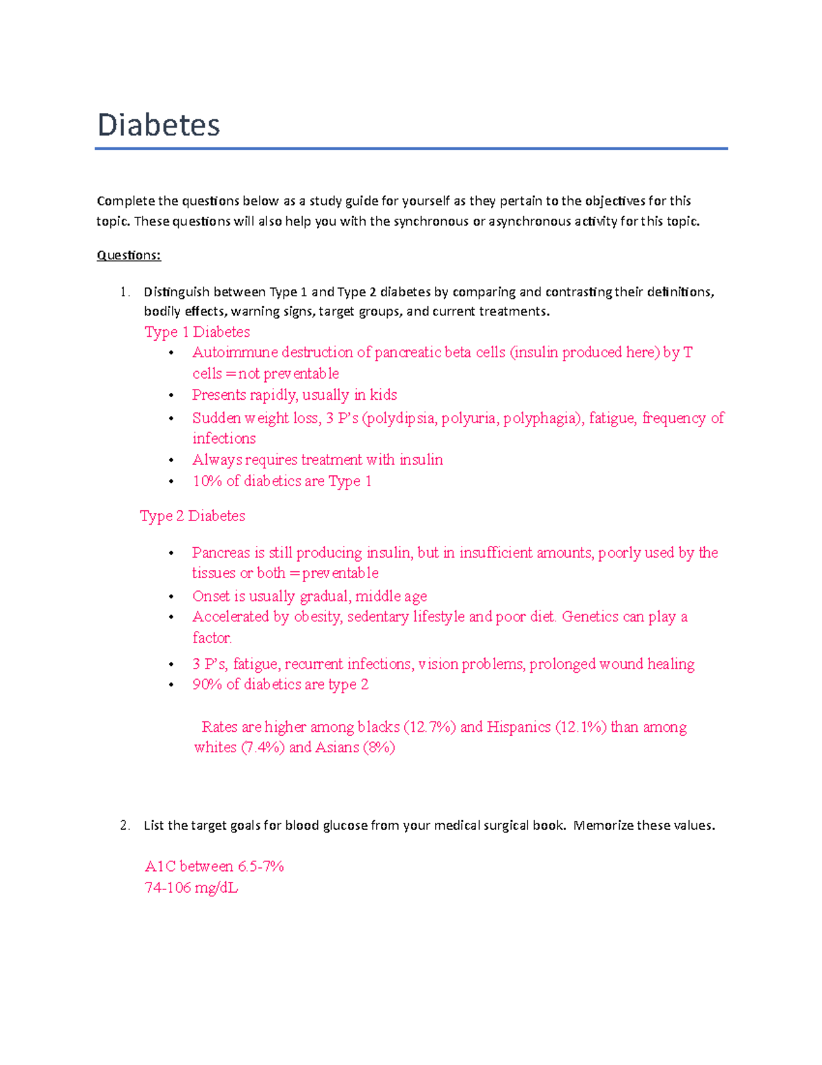 Diabetes Study Guide - Diabetes Complete the questions below as a study ...